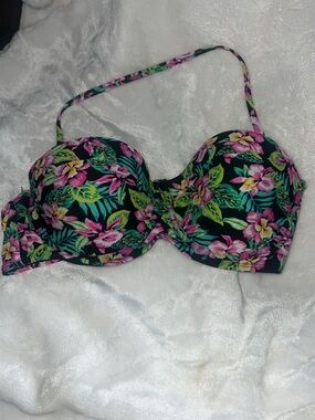 Tropical Floral Molded Cup Bikini Top - Black with Pink & Green